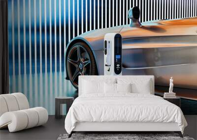 A sleek electric vehicle being charged wirelessly using a futuristic EV charging station in a modern, high-tech environment. Wall mural