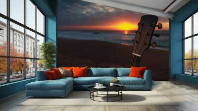 acoustic guitar on sandy beach Wall mural