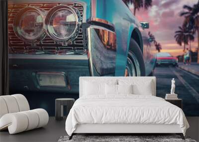 Blue vintage car. Wall mural