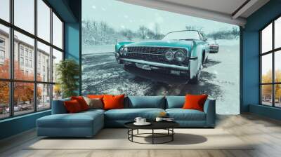 Classic blue cars and snowy seasons. 3d render and illustration. Wall mural