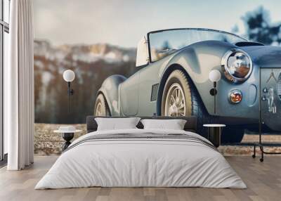 Classic car parked in the mountains in the morning. 3d render and illustration. Wall mural