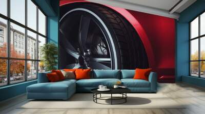 Close-up of a modern luxury car wheels.
Red Car. 3d rendering and illustration. Wall mural