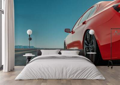 Close-up side view of an red luxury sports car on the road as the sun sets.3d render and illustration. Wall mural