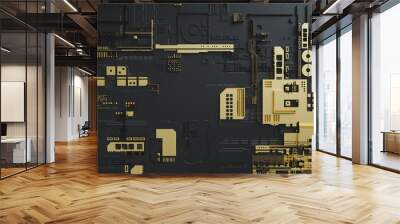 Electronic circuitry with gold on black background. Wall mural