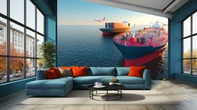 Tanker Cargo and aircraft at sea. 3d rendering and illustration. Wall mural