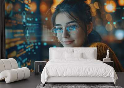 A cheerful smiling young woman uses a laptop surrounded by floating holographic social media icons. Wall mural