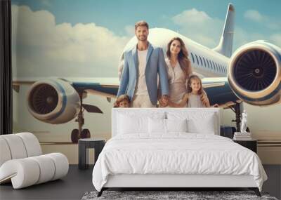 A family with a son and daughter happily travels on a big plane for a summer family vacation and family bonding. family concept. Wall mural