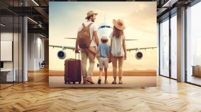 A family with a son and daughter happily travels on a big plane for a summer family vacation and family bonding. family concept. Wall mural