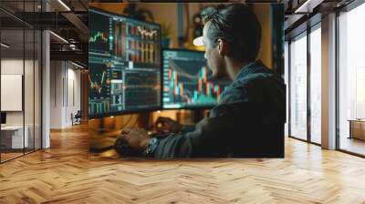 A financial analyst working on a computer with real-time stocks and exchange market charts. Wall mural