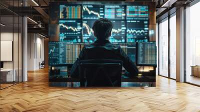 A man sits behind modern large monitors and sells on the exchange, bitcoin, coin schedule. Wall mural