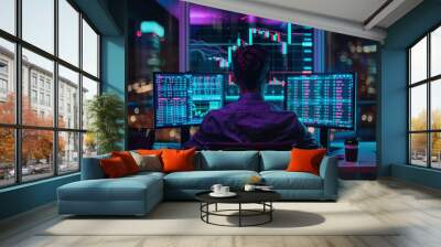 A man sits behind modern large monitors and sells on the exchange, bitcoin, coin schedule. Wall mural