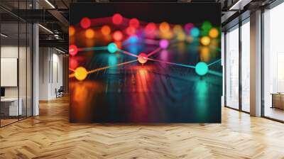 Abstract futuristic wave with colorful lines connecting dots. digital data communication background. Wall mural