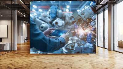 An engineer uses a digital tablet to control a robotic arm in a high-tech industrial environment. Wall mural