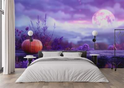 An old wooden plank with orange pumpkins, purple background with moonlight Halloween background. Wall mural