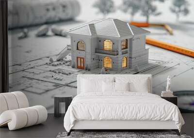 Architectural blueprint with a model house and pencil on it on a white background. Wall mural