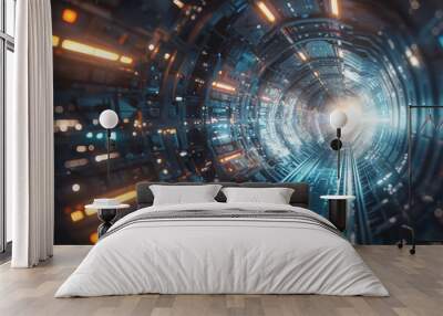 Blue and Silver light, Explore the futuristic vistas of an abstract radial technology city. Wall mural