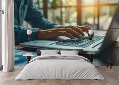 Businessman's hands working on finance, laptop computer with graphic diagrams, stock market. AI Wall mural