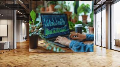 Businessman analyzing business diagrams, marketing statistics, and finance market graphs on a laptop Wall mural