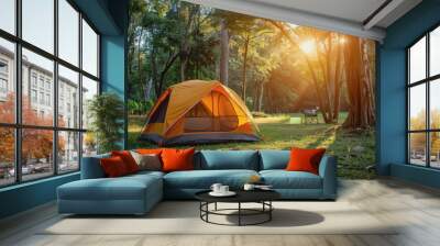 Camping outdoors with lots of sunlight with one tent Two outdoor camping chairs BBQ rack. Wall mural