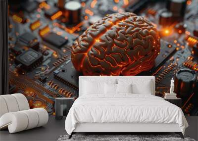 circuit board with orange-black brain suitable for technology and artificial intelligence concepts. Wall mural