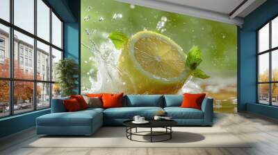 Close-up of lemon slices falling into splashing water. yellow-green background. AI Generated Wall mural