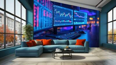 Close-up of the computer with coffee cup and glowing forex index chart with grid on blurry background. Market, finance, and online trading concepts. Wall mural