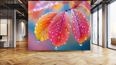 colorful leaves with water droplets, closeup, colorful background, mobile wallpaper Wall mural