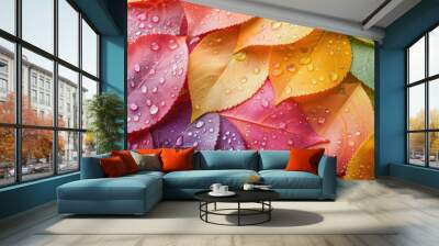 Colorful leaves with water droplets, closeup, colorful background, mobile wallpaper Wall mural