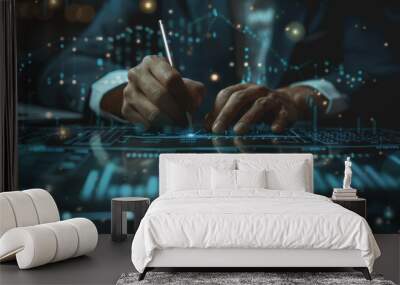 Digital businessman hand drawing growth graphs and financial data with hologram charts. Wall mural