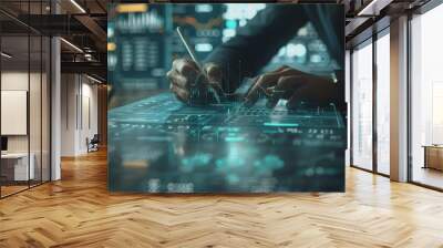 Digital businessman hand drawing growth graphs and financial data with hologram charts. Wall mural