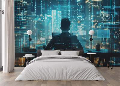 Double exposure of a corporate employee at a desk, combined with digital charts and graphs. Wall mural