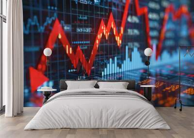 Financial crisis down 3d red arrow economy business graph on money crash market background. Wall mural