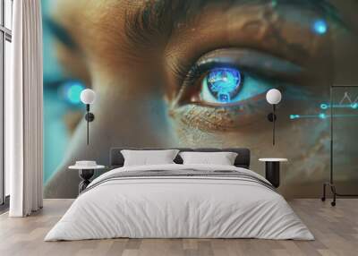 Futuristic female cyborg with blue lights on her eyes scanning the retina. Check the information. Wall mural