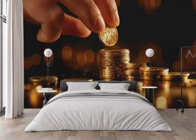 Hand-adding gold coins to a growing pile with an upward trend line in the background. Wall mural