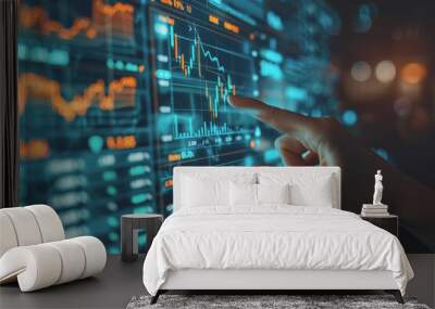 Hand pointing at financial chart displayed on digital screen showing stock market analysis. Wall mural