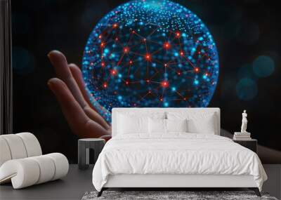 Interface network connects sphere on business hand. AI Generated Wall mural