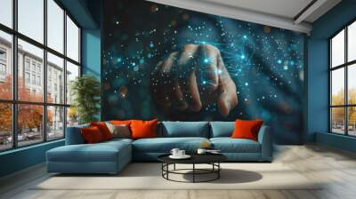 Man hand touching Global Internet connection. Financial and Digital link tech big data. AI Generated. Wall mural