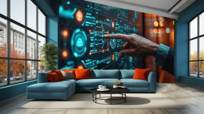 Man hand touching Global Internet connection. Financial and Digital link tech big data. AI Generated Wall mural