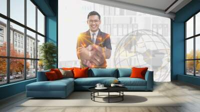 Marketing, Financial, Planning, Businessman in a black suit standing with his arms crossed and a smiling face Double exposure photo for business people to shake hands success of business ideas Wall mural