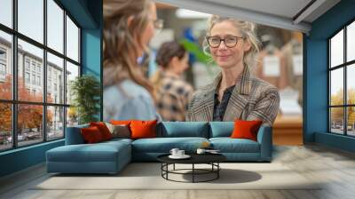 middle-aged businesswoman with specs shaking hands with other women in an office space background. Wall mural