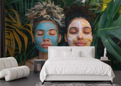 photography, 2 diverse women with beauty face masks on their faces, smiling, happy, natural. Wall mural