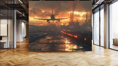 Realistic photo of an airport with an aircraft taking off. daylight Wall mural