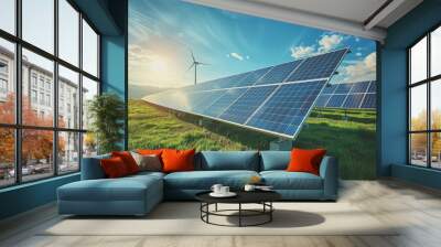 Solar energy panel photovoltaic cell and wind turbine farm power generator in the natural landscape. Wall mural