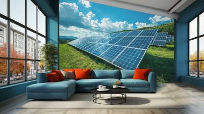 Solar energy panel photovoltaic cell and wind turbine farm power generator in the natural landscape. Wall mural