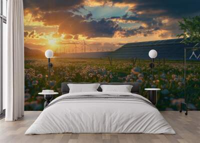 Solar farm at sunset with Windchargers in the background. Lush green grass. Wall mural