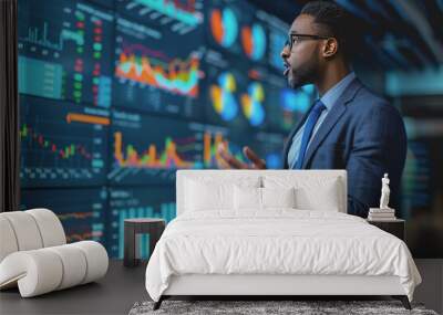 Stock market analyst presenting investor report Use the large screen to analyze data. Wall mural