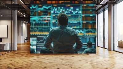 Stock market analyst presenting investor report Use the large screen to analyze data. Wall mural