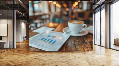 Young entrepreneur analyzing digital financial charts on a tablet, coffee shop setting. Wall mural