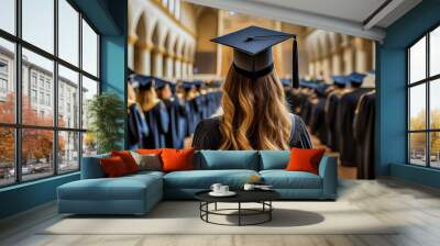 Graduates are stand up in line to get your degree , college graduates standing in a row and smiling.   view of university graduates wearing graduation gown and cap in the commencement day, Wall mural