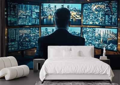 A businessman in a suit confidently analyzes data on multiple screens showcasing cityscapes, embodying control and power in a dynamic, technology-driven workspace. Wall mural